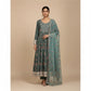 Sage Elegance | Dark Mint Embroidered Linen Dress with Chiffon Dupatta