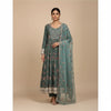 Sage Elegance | Dark Mint Embroidered Linen Dress with Chiffon Dupatta