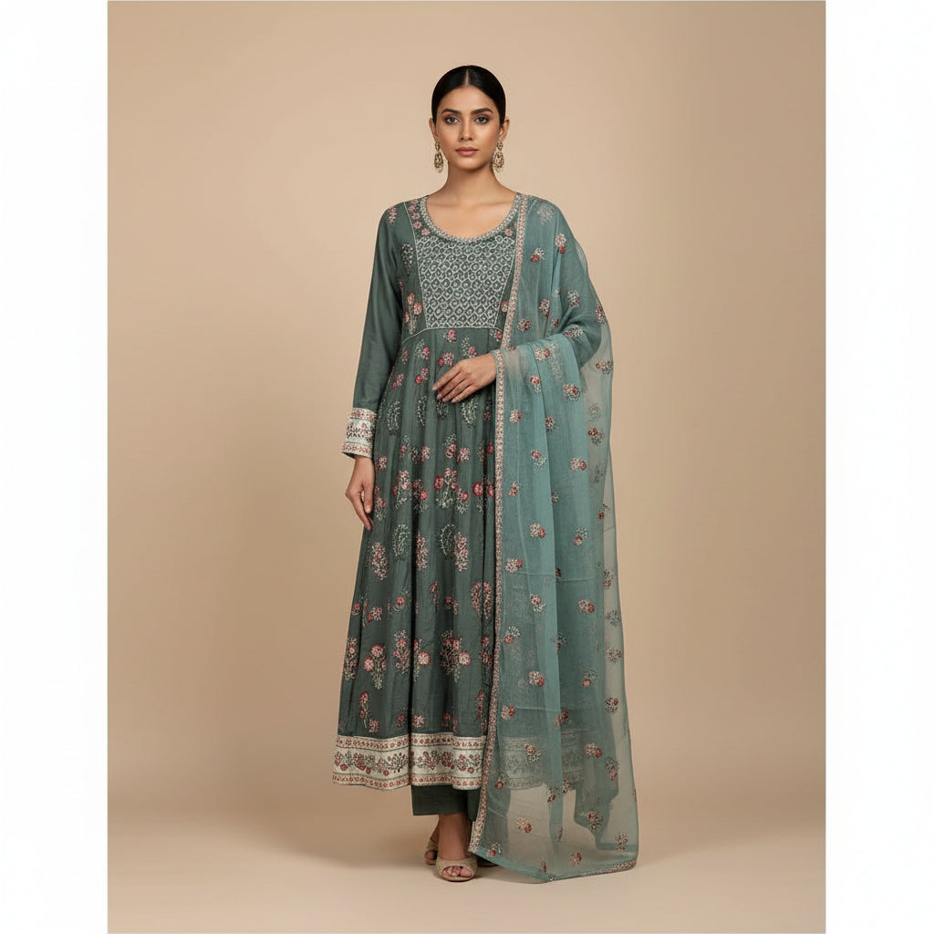 Sage Elegance | Dark Mint Embroidered Linen Dress with Chiffon Dupatta