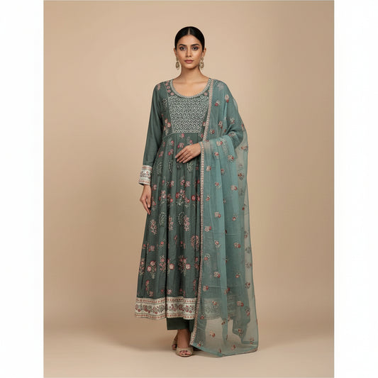 Sage Elegance | Dark Mint Embroidered Linen Dress with Chiffon Dupatta