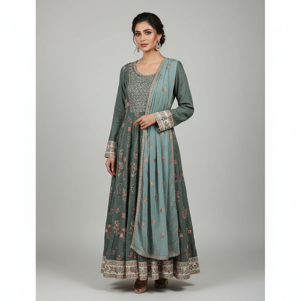 Sage Elegance | Dark Mint Embroidered Linen Dress with Chiffon Dupatta