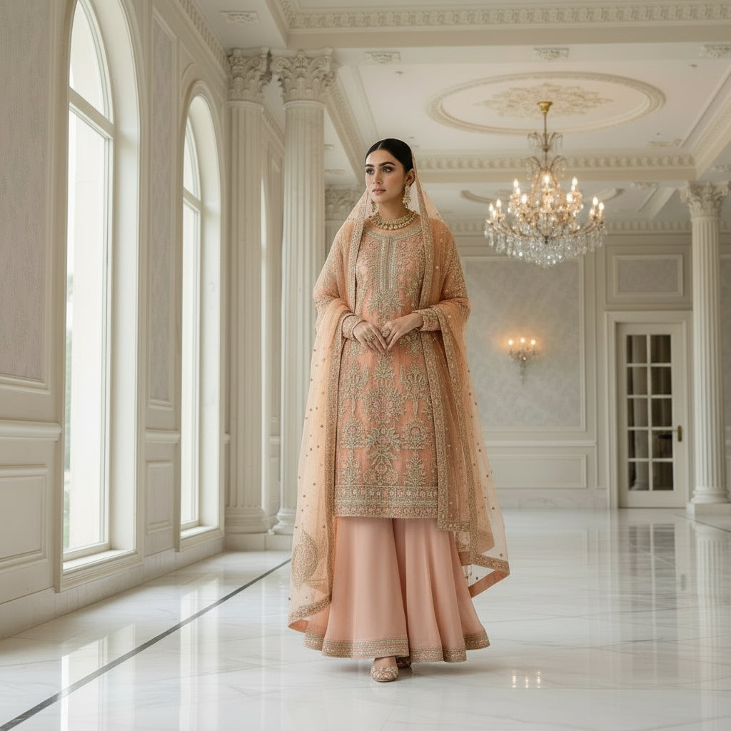 Blushing Elegance | Peach Pink Embroidered Kameez & Sharara Set