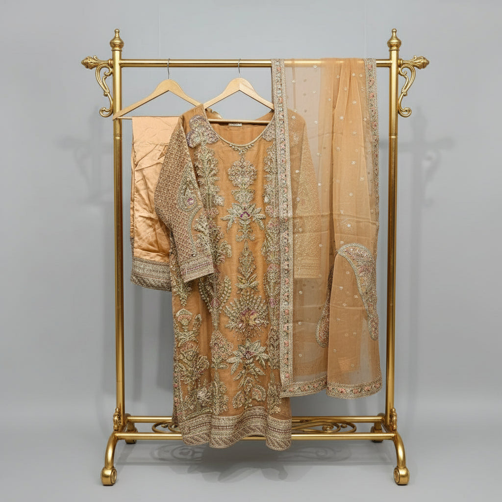 Blushing Elegance | Peach Pink Embroidered Kameez & Sharara Set