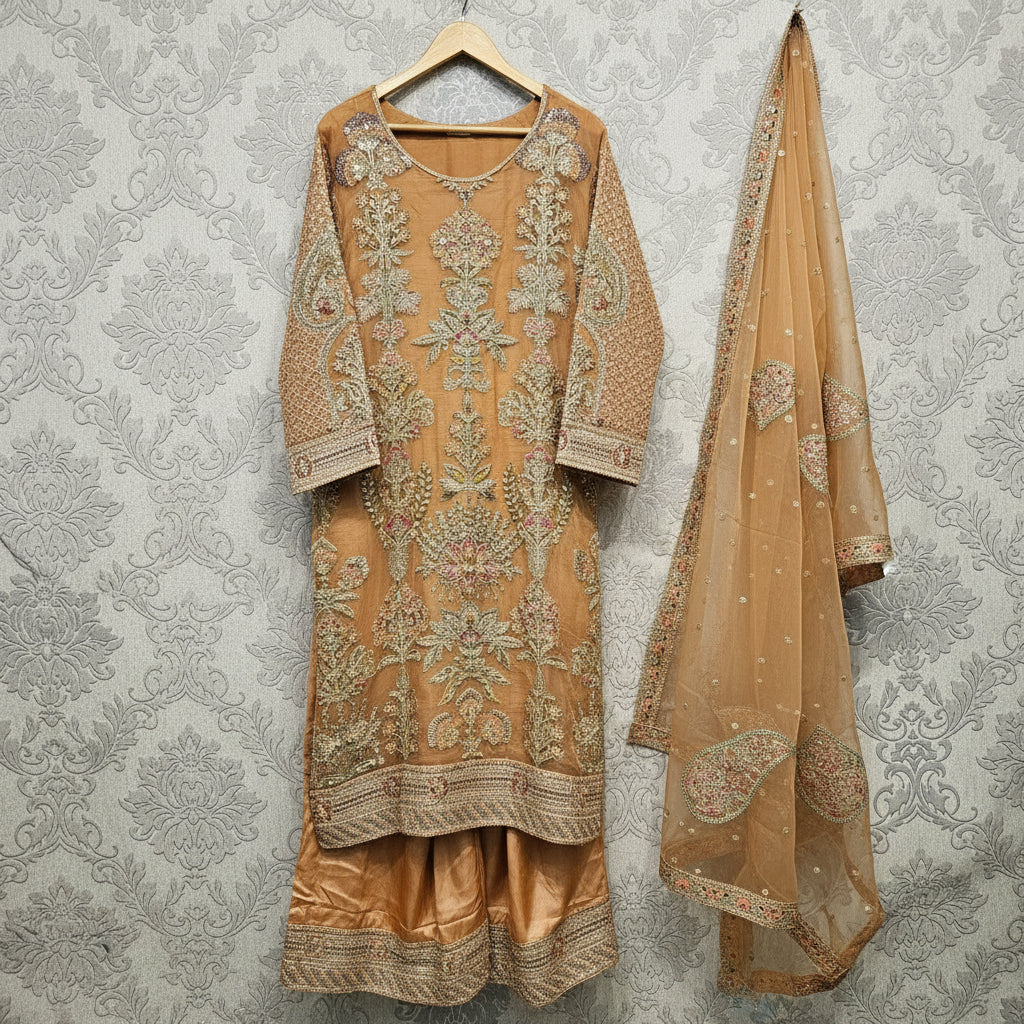 Blushing Elegance | Peach Pink Embroidered Kameez & Sharara Set