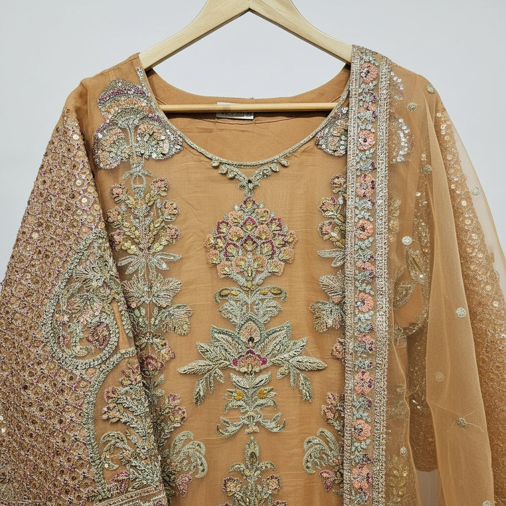 Blushing Elegance | Peach Pink Embroidered Kameez & Sharara Set