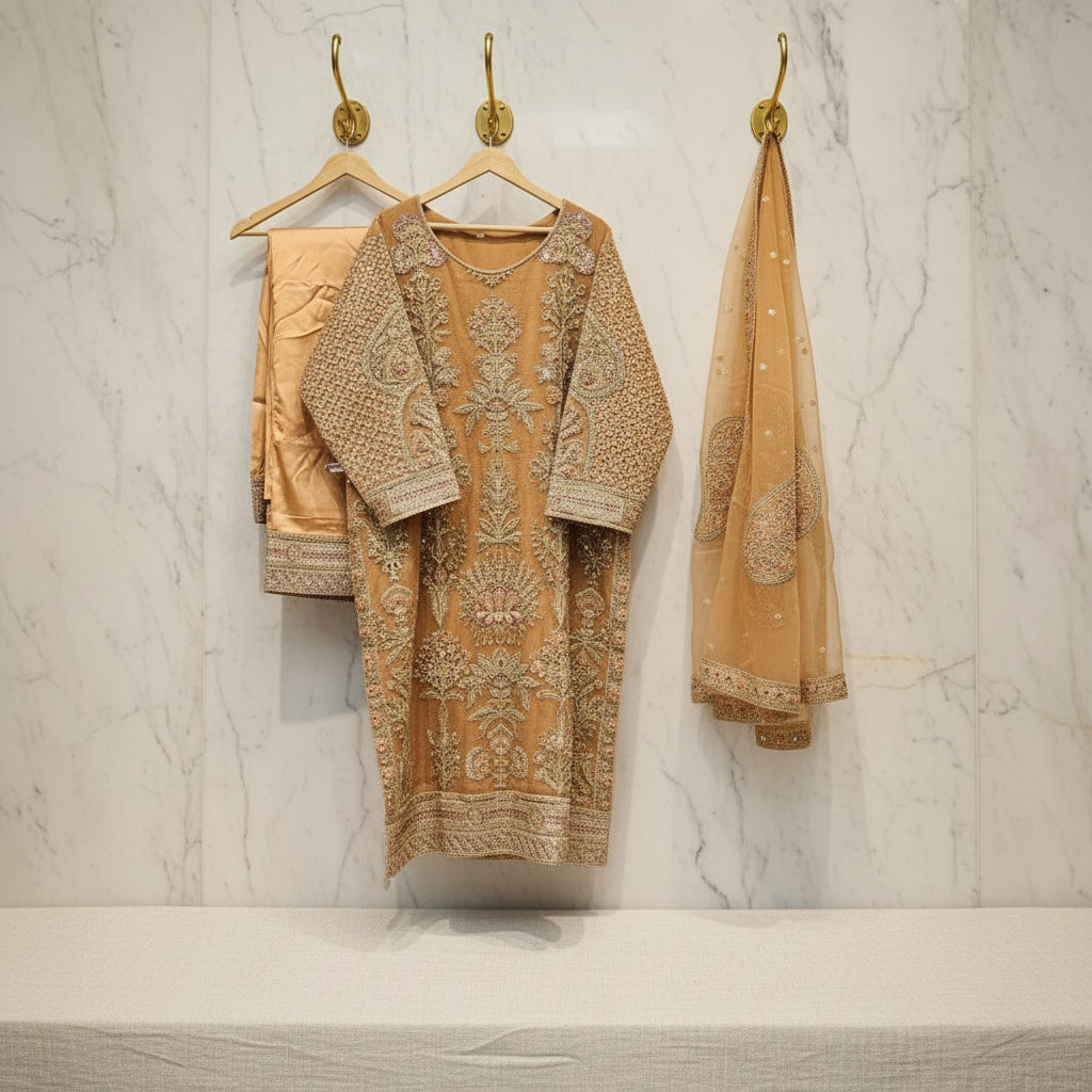 Blushing Elegance | Peach Pink Embroidered Kameez & Sharara Set