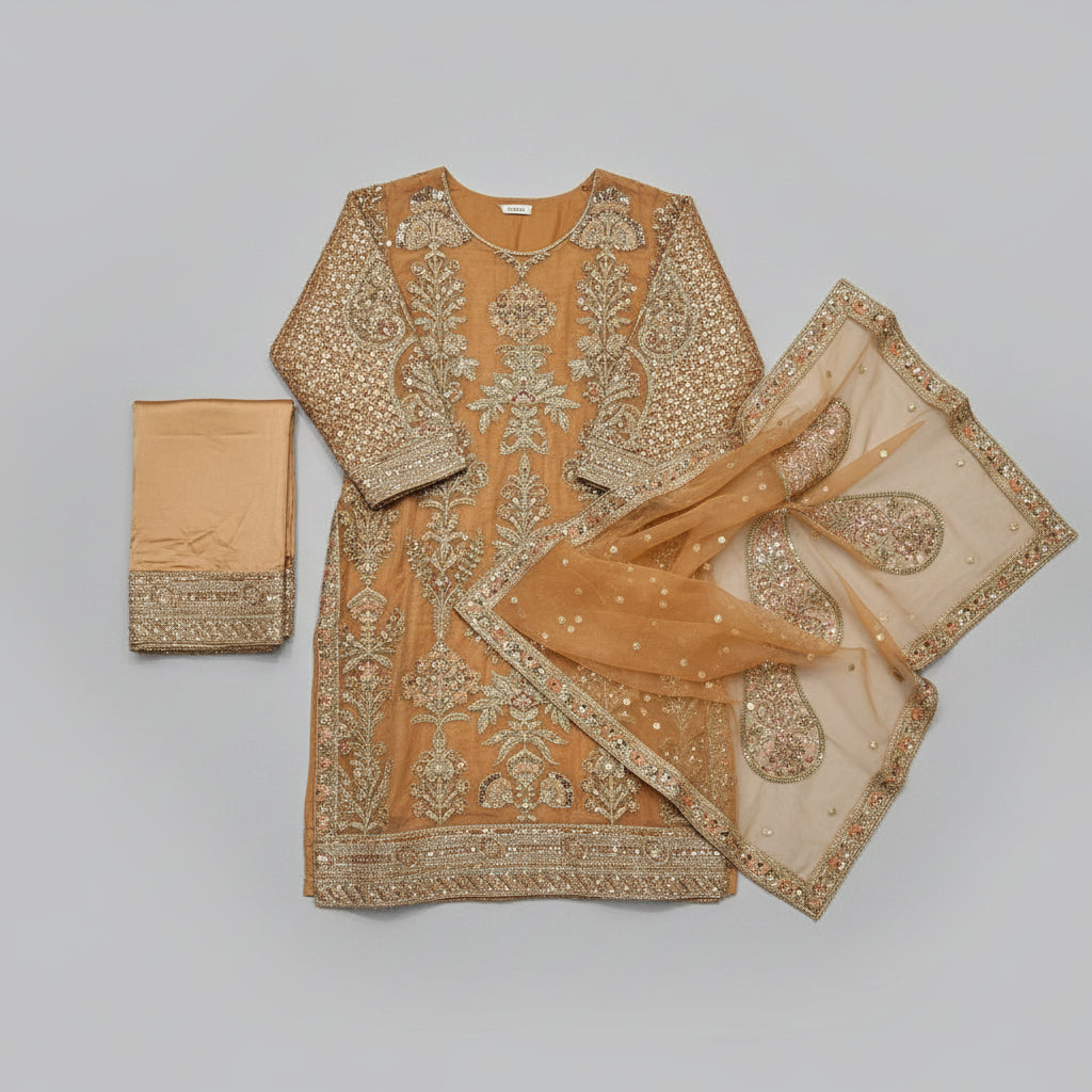 Blushing Elegance | Peach Pink Embroidered Kameez & Sharara Set