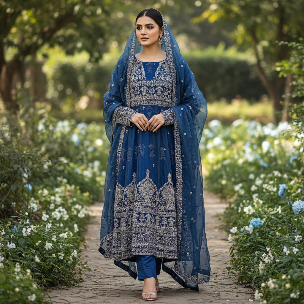 Blue embroidered dress on a hanger against a patterned wallpaper background