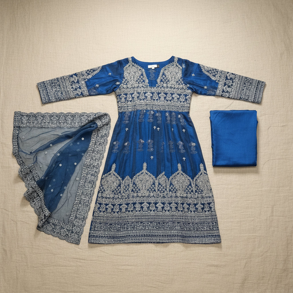 Midnight Majesty | Navy Blue Stone Work Organza Embroidered Dress