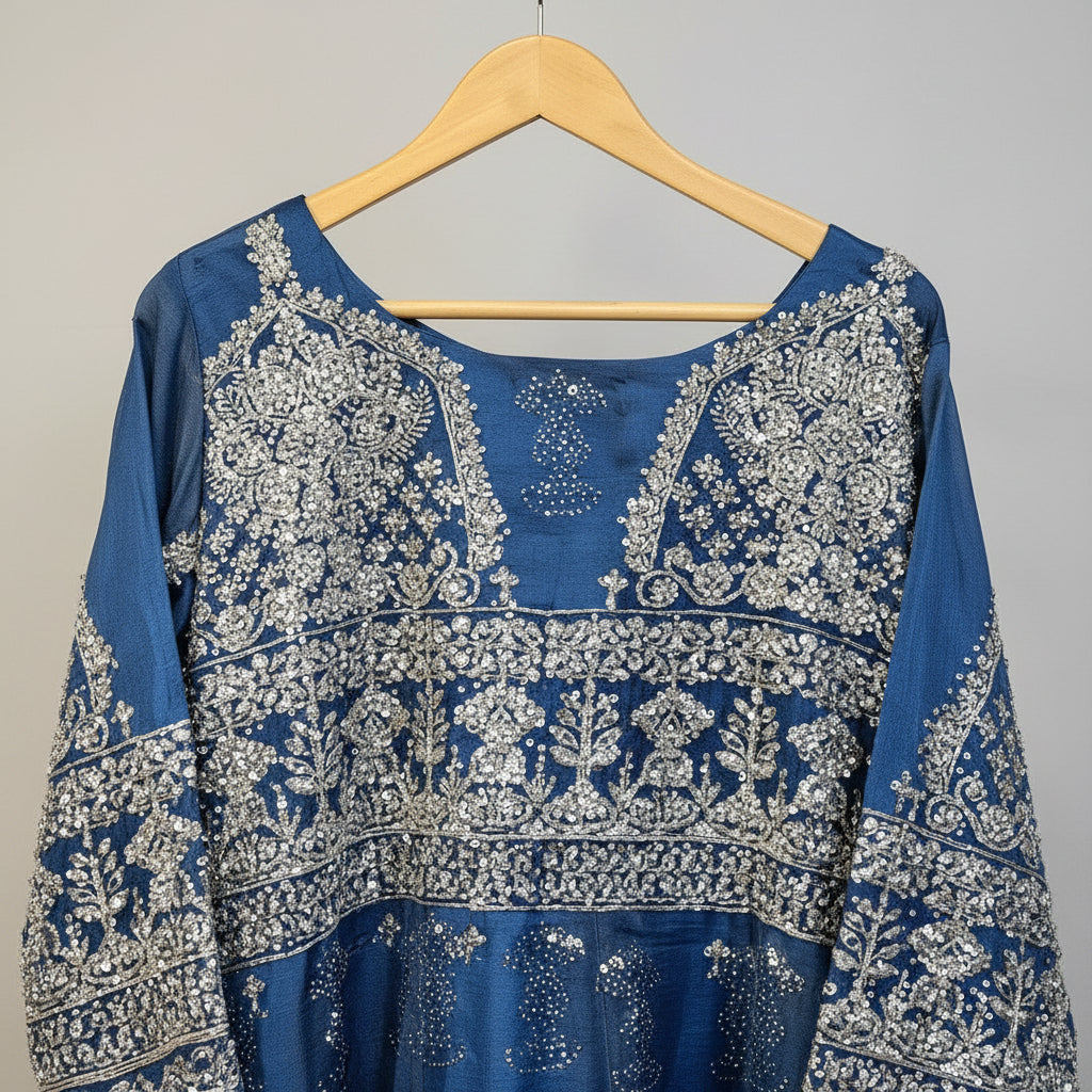 Midnight Majesty | Navy Blue Stone Work Organza Embroidered Dress