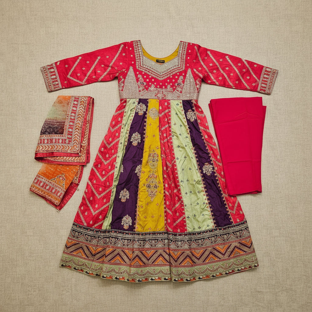 BnIL Rainbow Symphony | Multi-Colour Raw Silk Dress & Orange Chiffon Dupatta