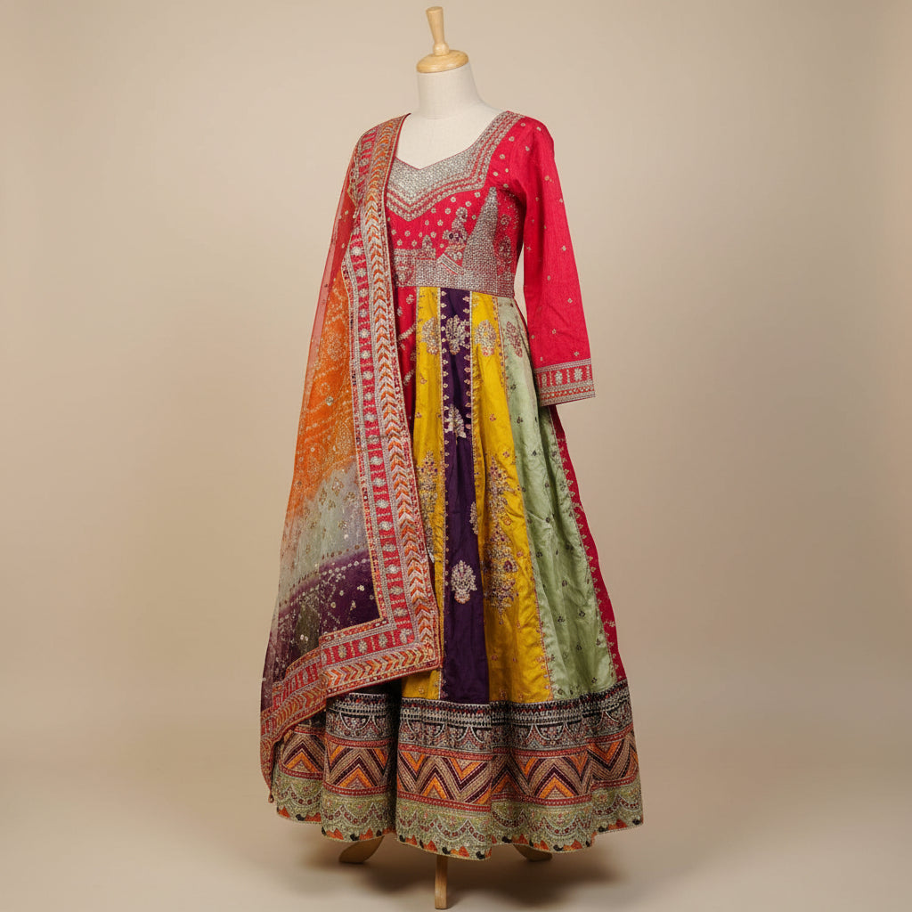 BnIL Rainbow Symphony | Multi-Colour Raw Silk Dress & Orange Chiffon Dupatta