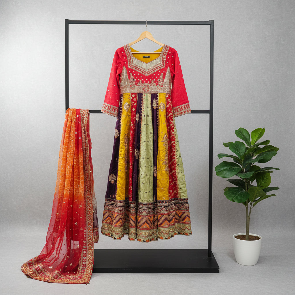 BnIL Rainbow Symphony | Multi-Colour Raw Silk Dress & Orange Chiffon Dupatta