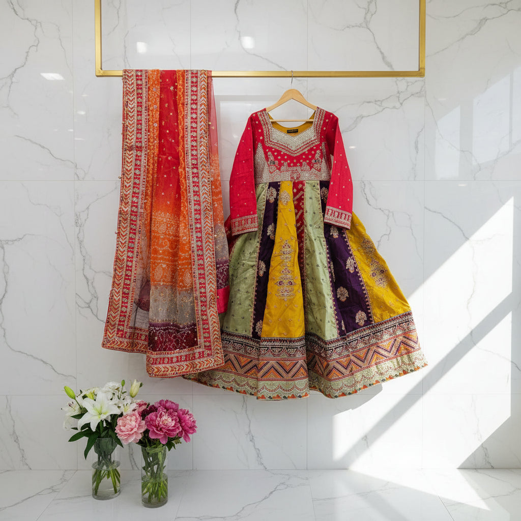Colorful traditional garments on a hanger against a patterned wall.