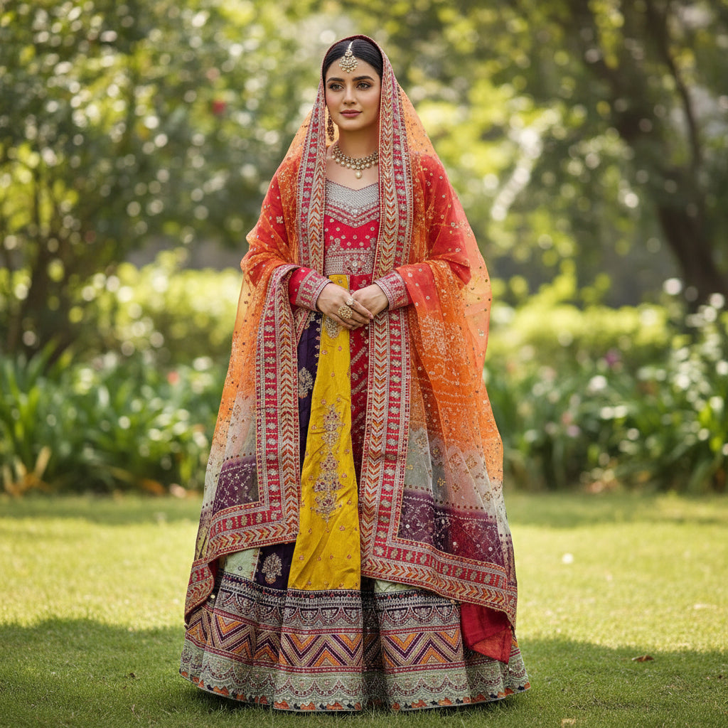 BnIL Rainbow Symphony | Multi-Colour Raw Silk Dress & Orange Chiffon Dupatta