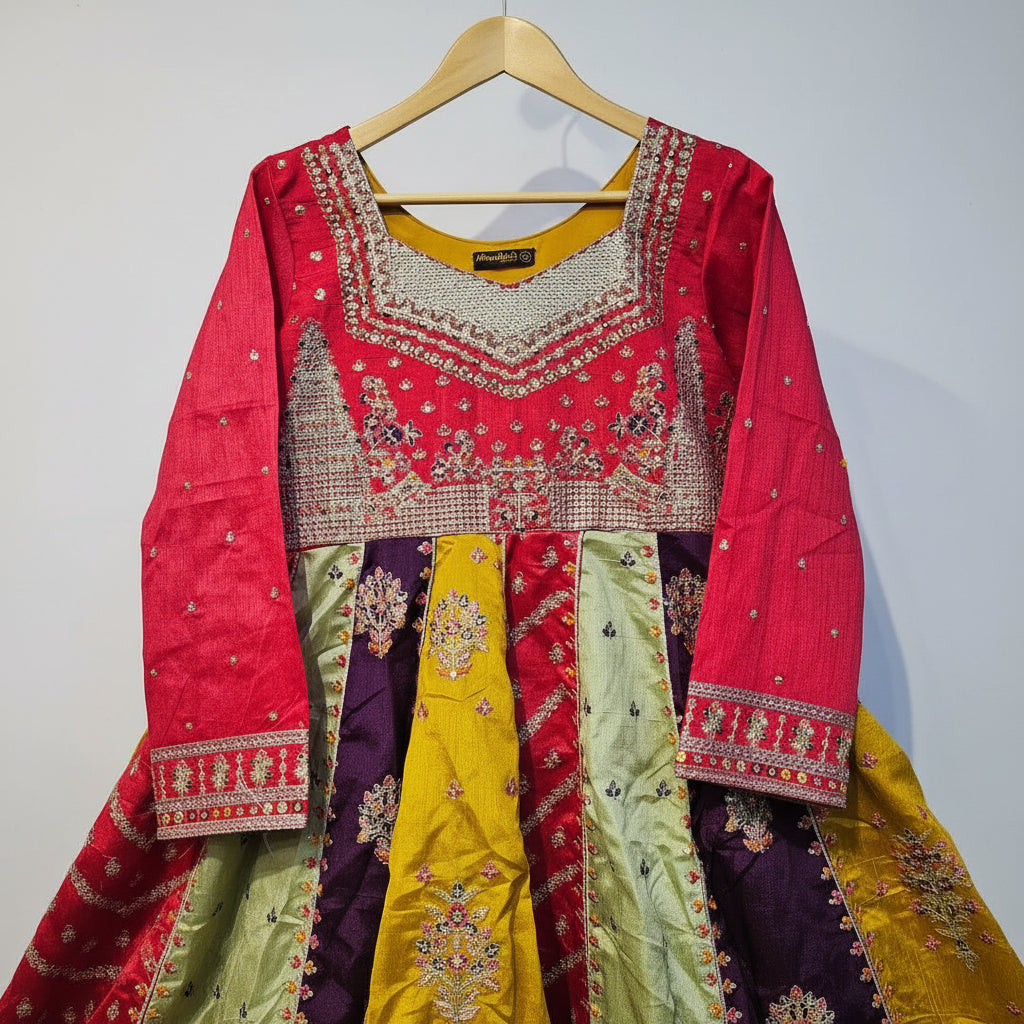 BnIL Rainbow Symphony | Multi-Colour Raw Silk Dress & Orange Chiffon Dupatta