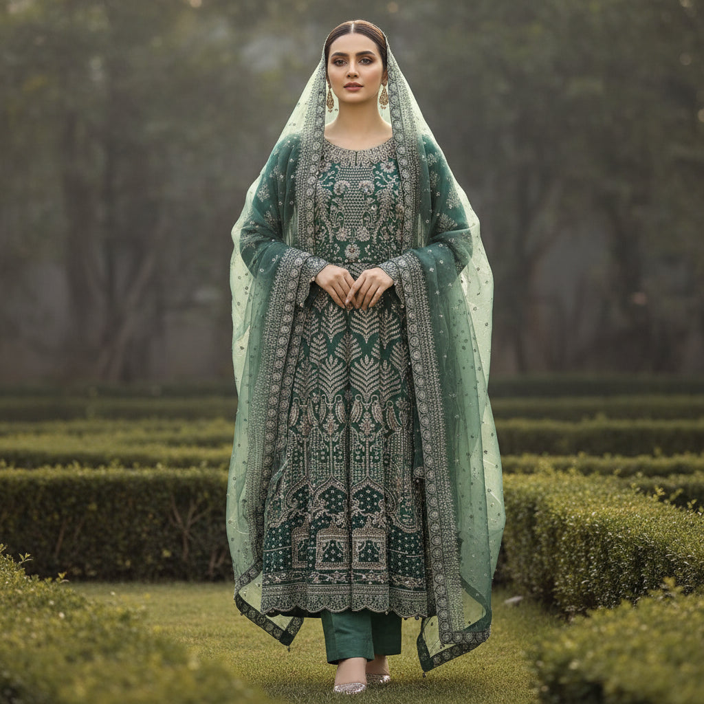 JZM Emerald Enchantment | Hand Embellished Long Dress with Embroidered Dupatta
