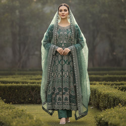 JZM Emerald Enchantment | Hand Embellished Long Dress with Embroidered Dupatta