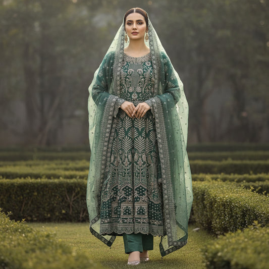 JZM Emerald Enchantment | Hand Embellished Long Dress with Embroidered Dupatta