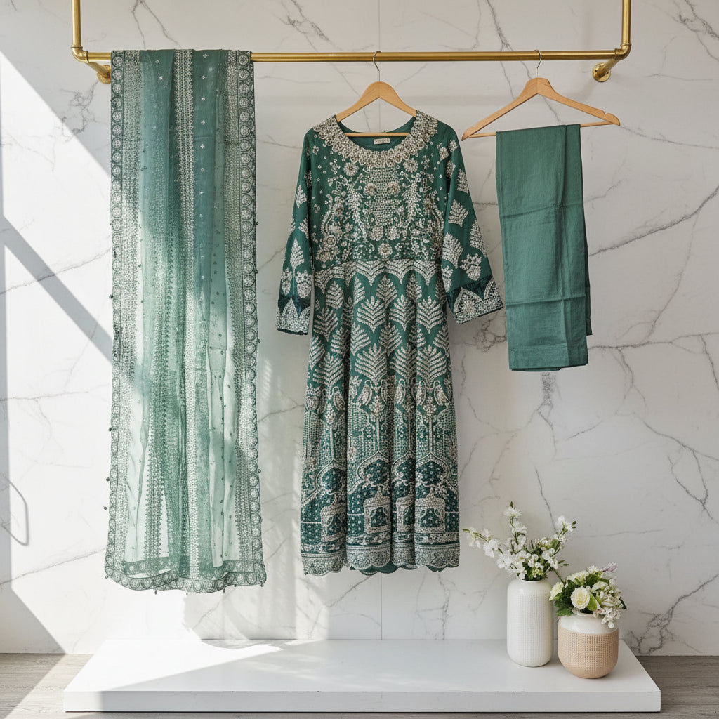 JZM Emerald Enchantment | Hand Embellished Long Dress with Embroidered Dupatta