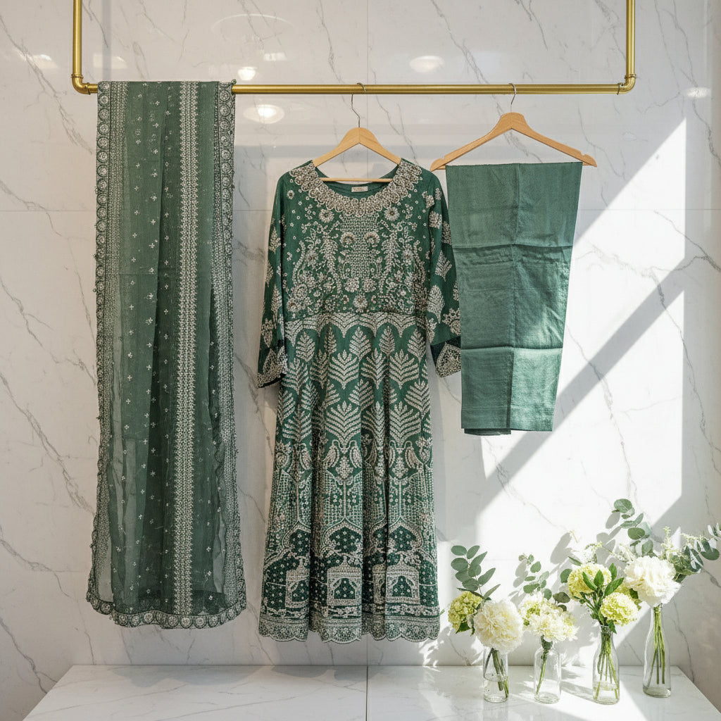 JZM Emerald Enchantment | Hand Embellished Long Dress with Embroidered Dupatta