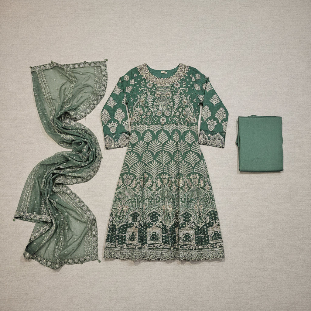 JZM Emerald Enchantment | Hand Embellished Long Dress with Embroidered Dupatta