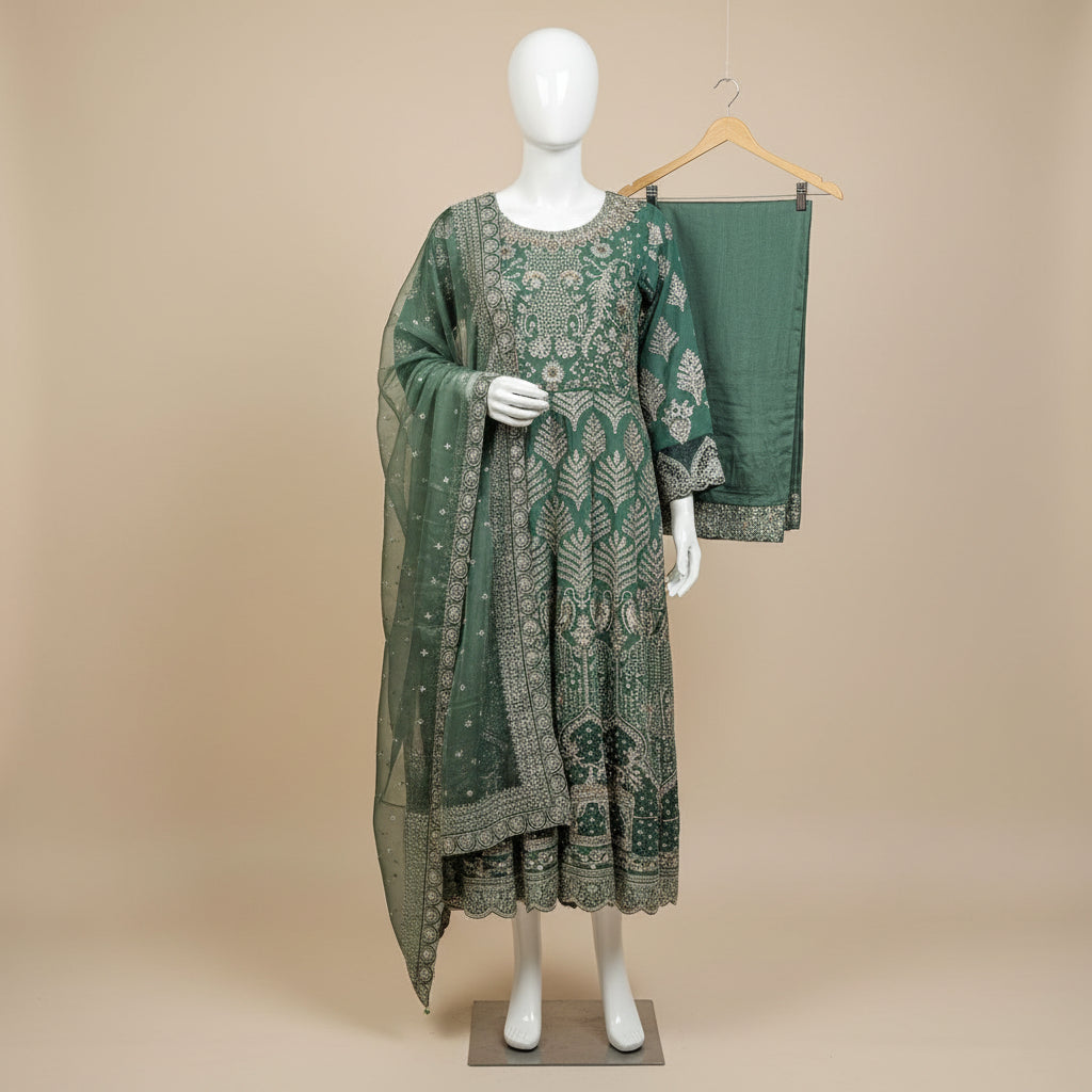 JZM Emerald Enchantment | Hand Embellished Long Dress with Embroidered Dupatta