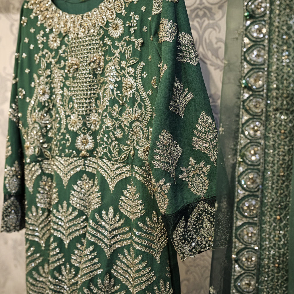 JZM Emerald Enchantment | Hand Embellished Long Dress with Embroidered Dupatta