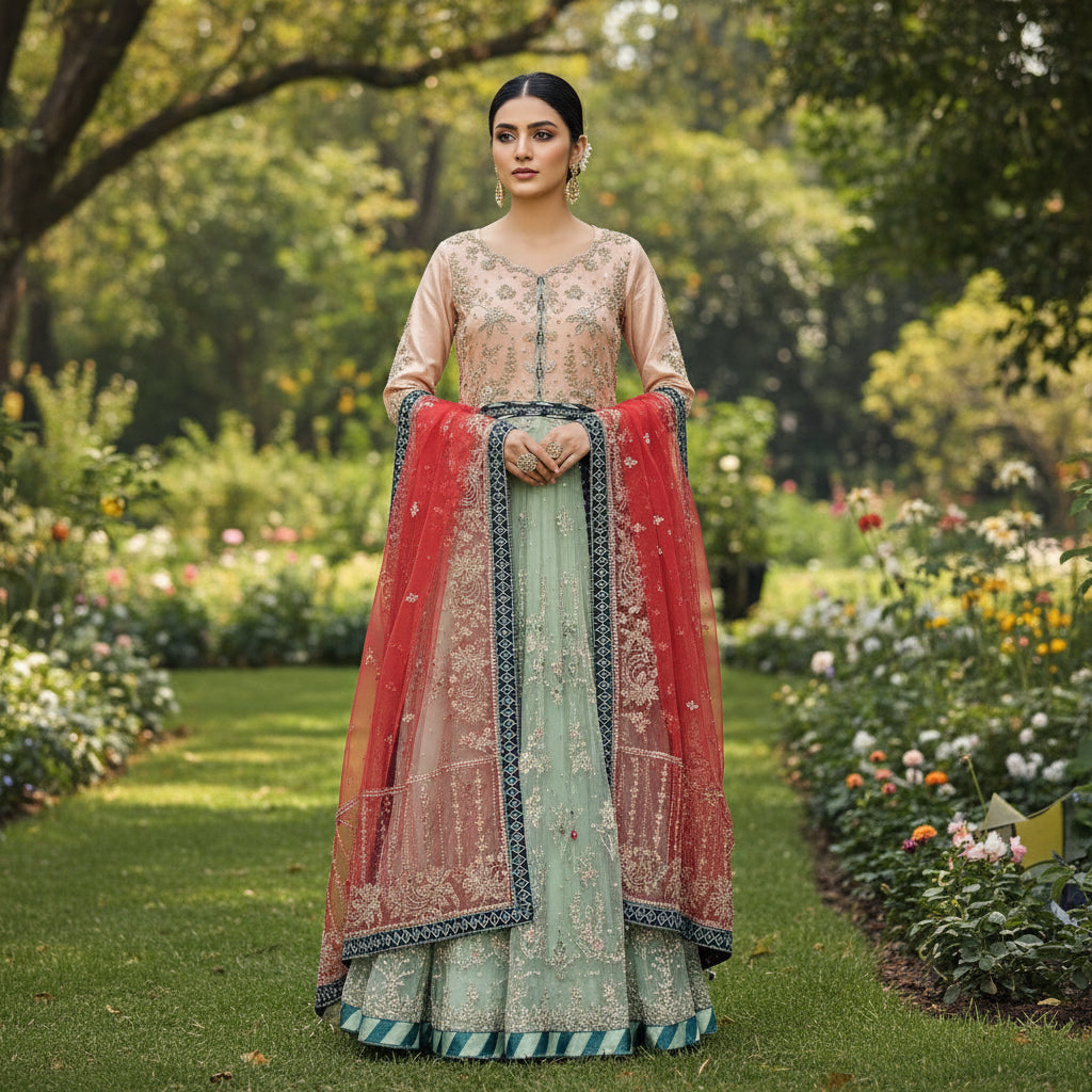 GUL Peach & Mint | Dual Tone Hand Embellished Dress with Red Embroidered Dupatta