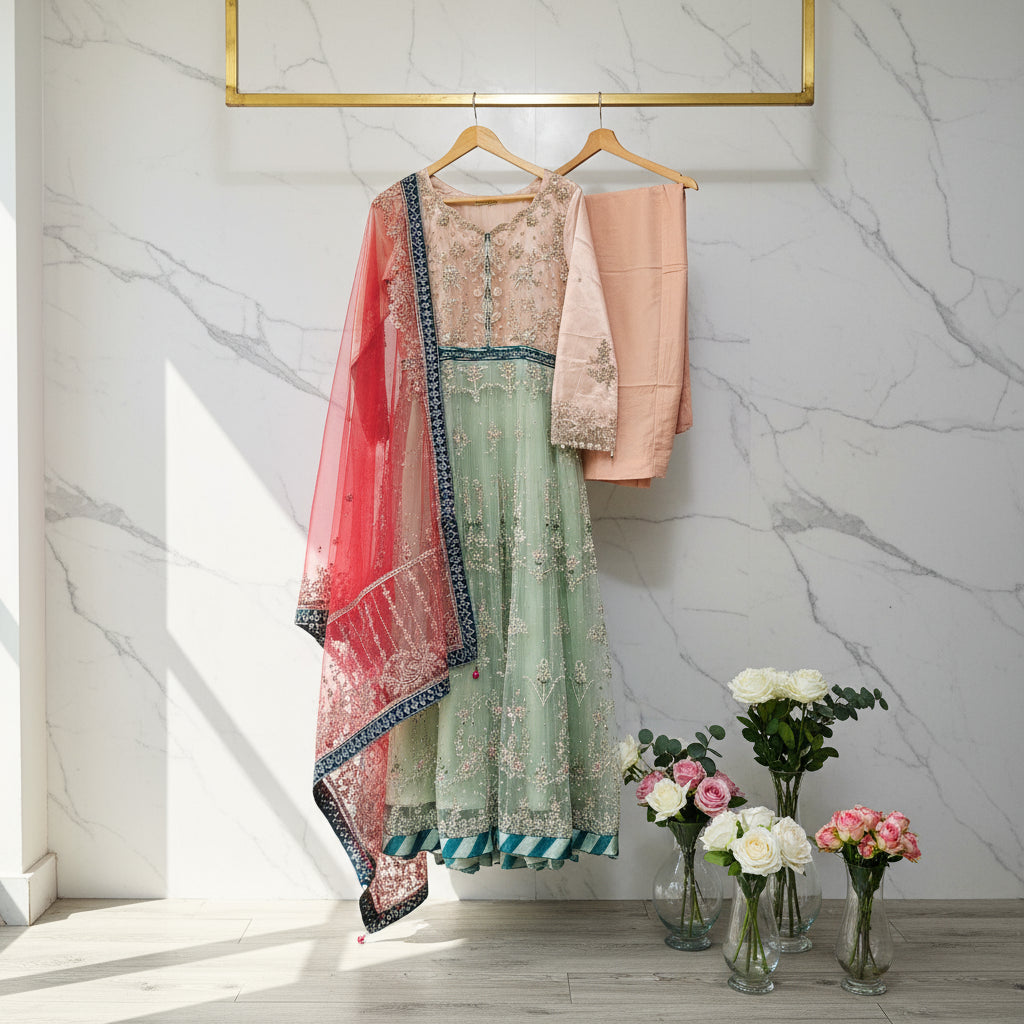 GUL Peach & Mint | Dual Tone Hand Embellished Dress with Red Embroidered Dupatta