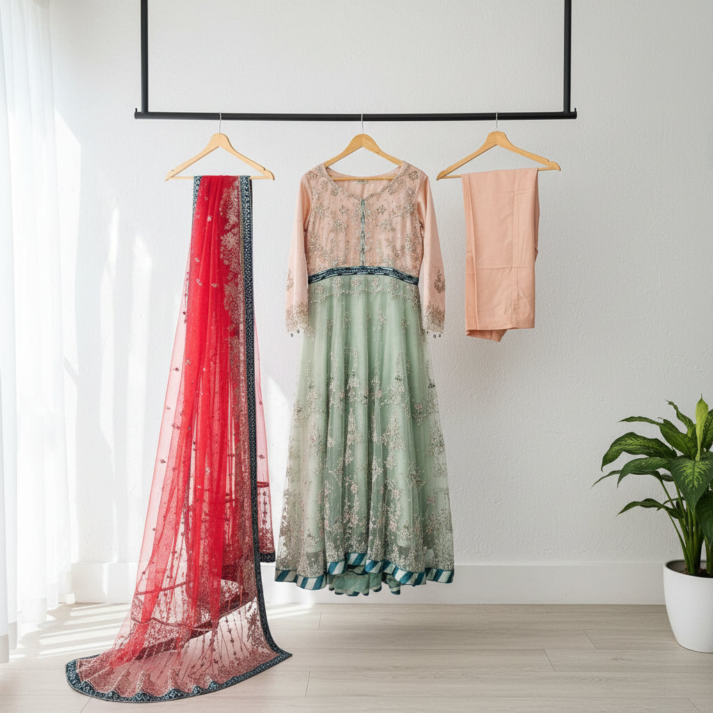 GUL Peach & Mint | Dual Tone Hand Embellished Dress with Red Embroidered Dupatta