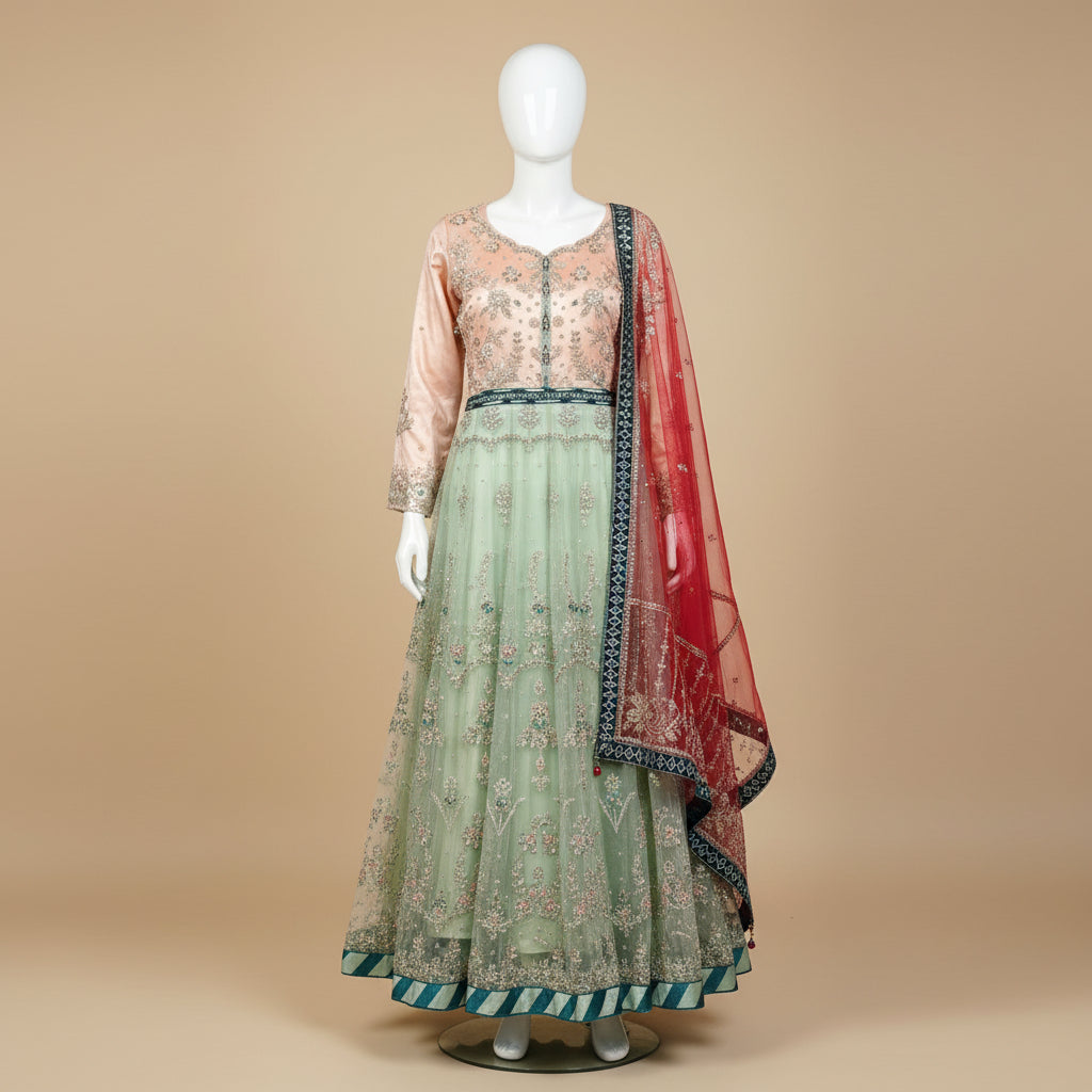 GUL Peach & Mint | Dual Tone Hand Embellished Dress with Red Embroidered Dupatta