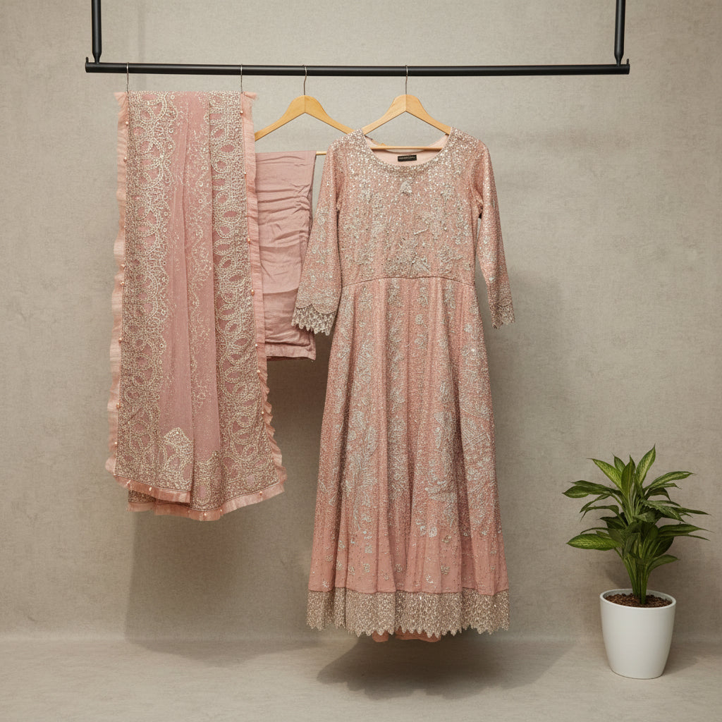 JZM Peach Blossom | Hand Embellished Embroidered Dress & Dupatta Set
