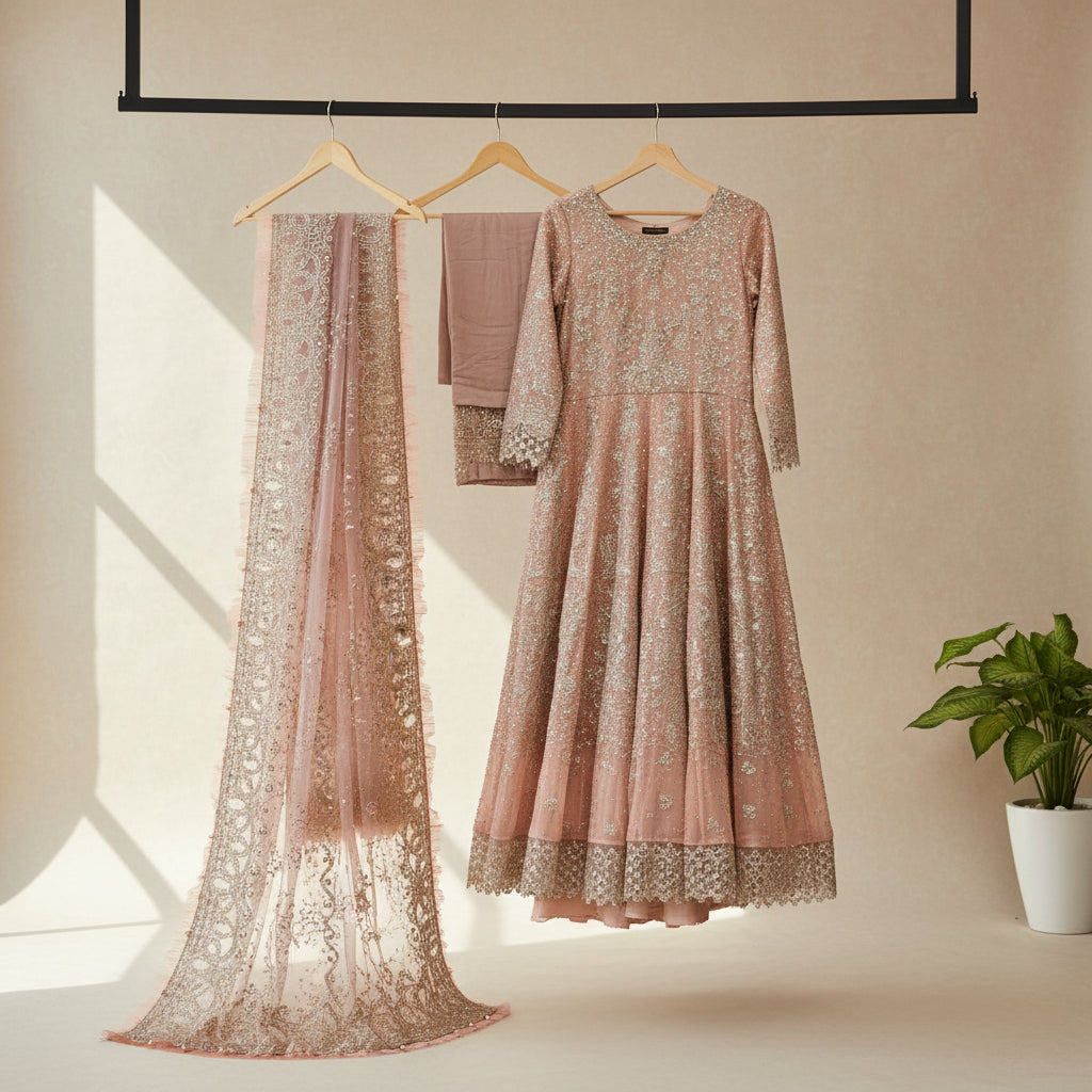 JZM Peach Blossom | Hand Embellished Embroidered Dress & Dupatta Set