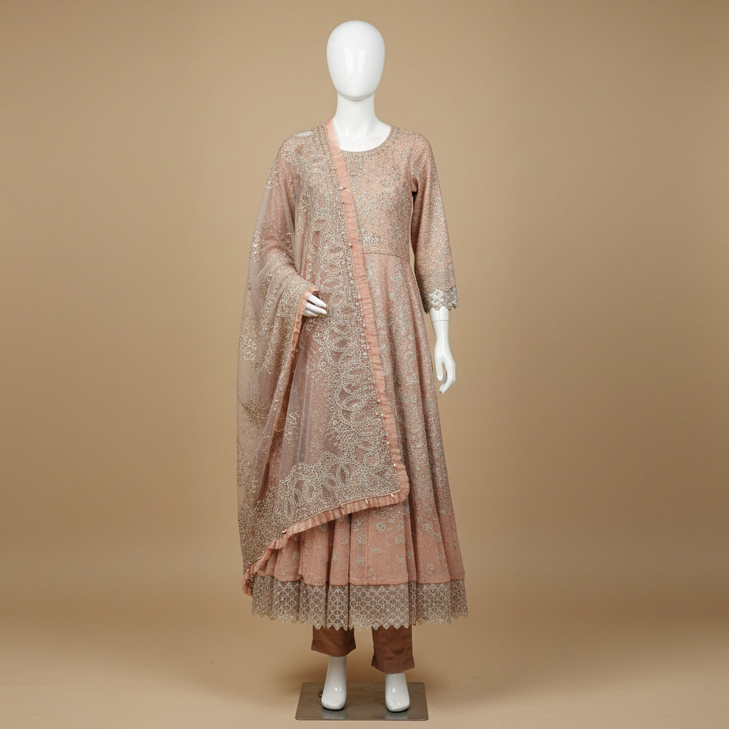 JZM Peach Blossom | Hand Embellished Embroidered Dress & Dupatta Set