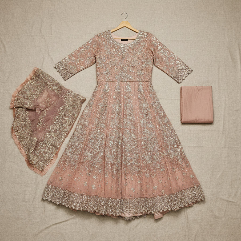 JZM Peach Blossom | Hand Embellished Embroidered Dress & Dupatta Set
