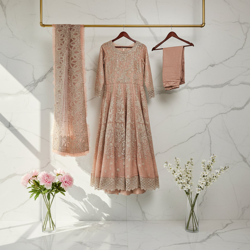 JZM Peach Blossom | Hand Embellished Embroidered Dress & Dupatta Set