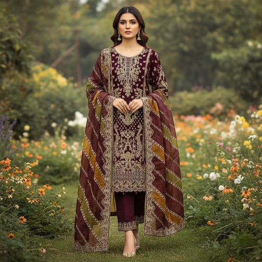 Falak Royal Plum | Embroidered Kameez with Multi-Panel Dupatta &amp; Palazzo