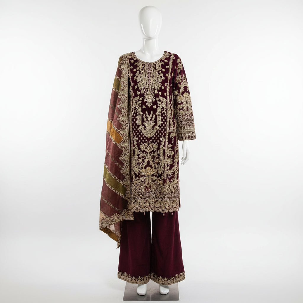 Falak Royal Plum | Embroidered Kameez with Multi-Panel Dupatta &amp; Palazzo