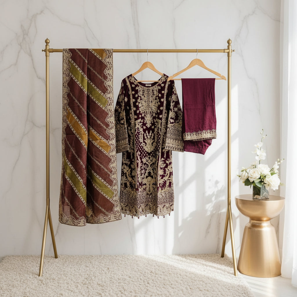 Falak Royal Plum | Embroidered Kameez with Multi-Panel Dupatta &amp; Palazzo