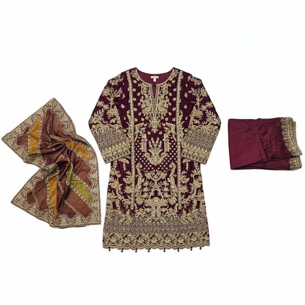 Falak Royal Plum | Embroidered Kameez with Multi-Panel Dupatta &amp; Palazzo