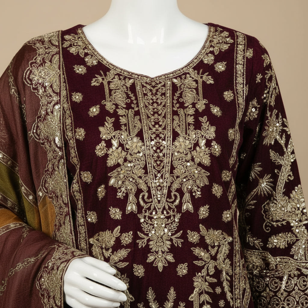 Falak Royal Plum | Embroidered Kameez with Multi-Panel Dupatta &amp; Palazzo