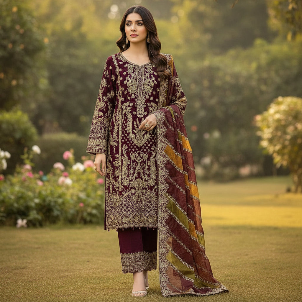Falak Royal Plum | Embroidered Kameez with Multi-Panel Dupatta &amp; Palazzo