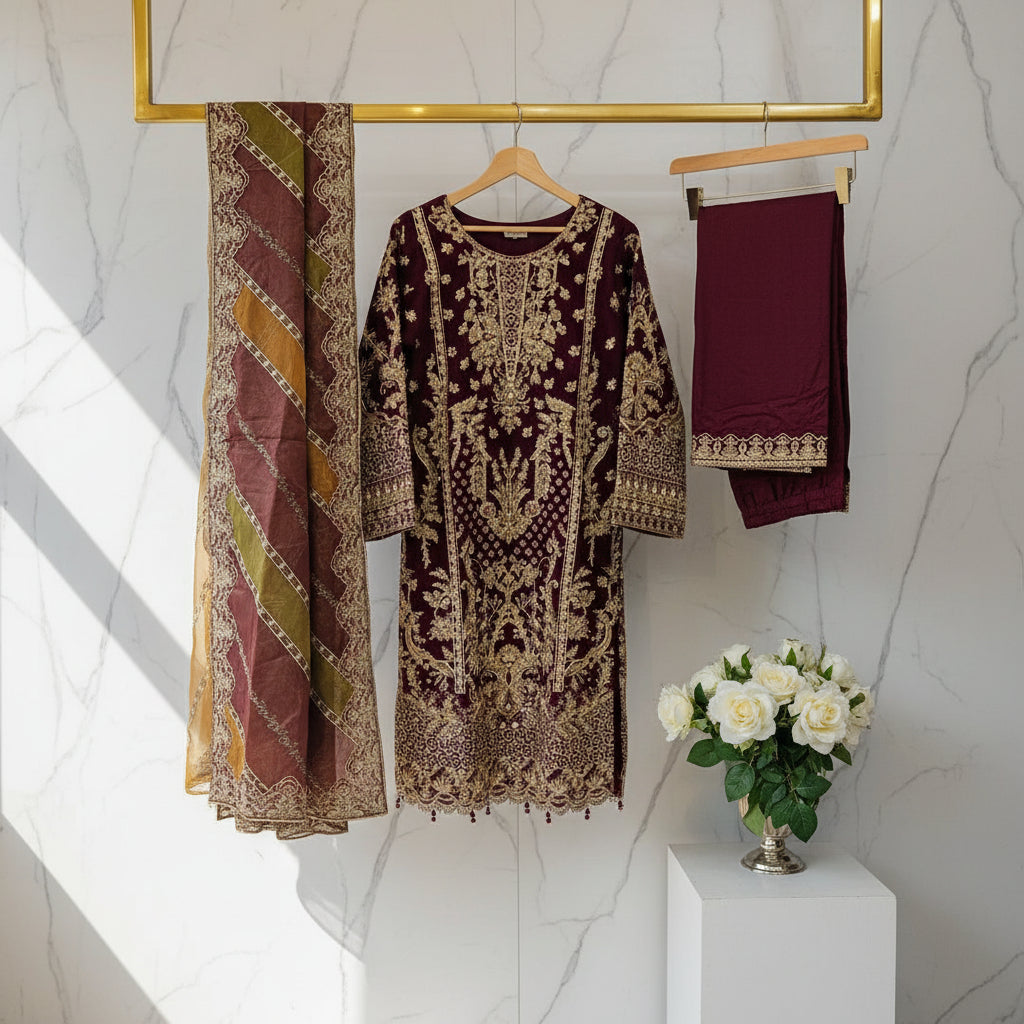Falak Royal Plum | Embroidered Kameez with Multi-Panel Dupatta &amp; Palazzo