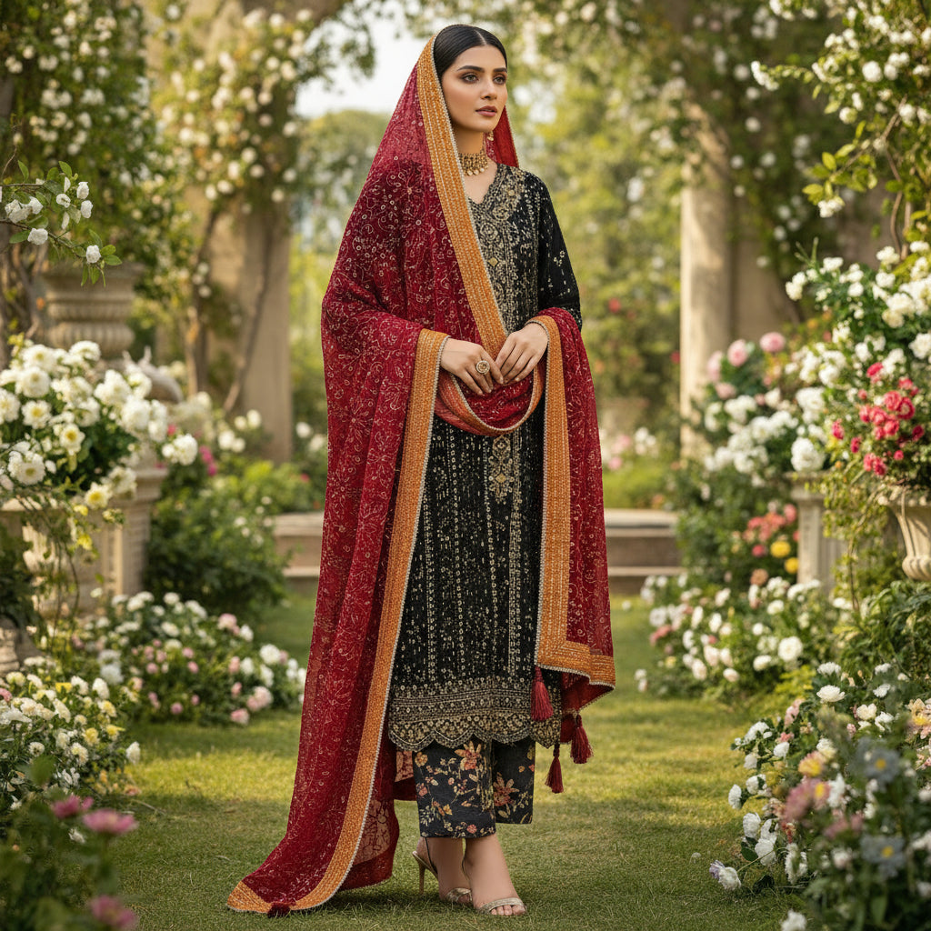 ALK Crimson Shadow | Black Beaded Dress with Red Embroidered Dupatta