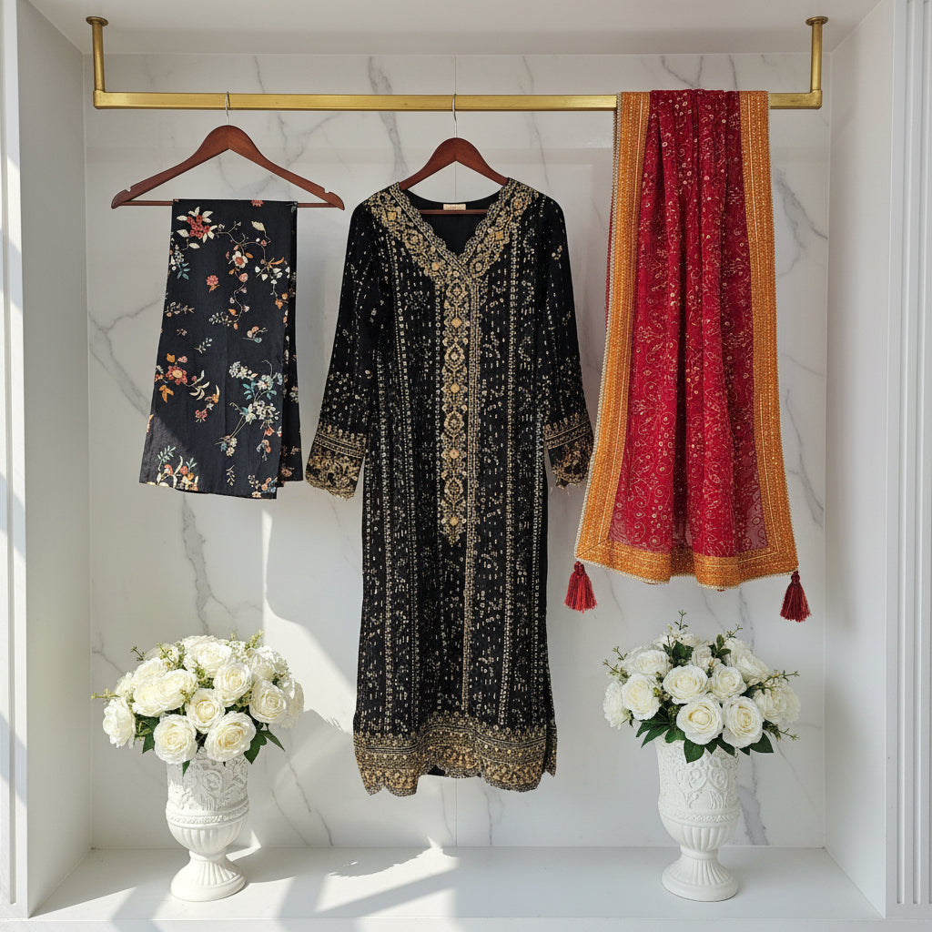 ALK Crimson Shadow | Black Beaded Dress with Red Embroidered Dupatta