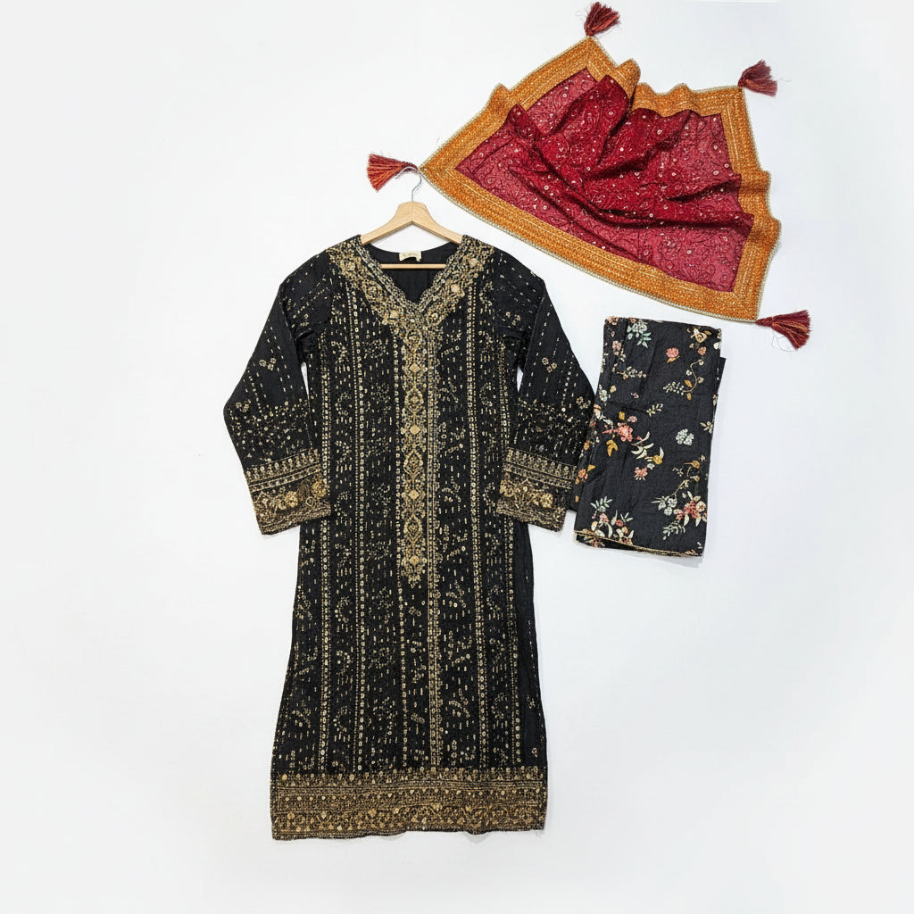 ALK Crimson Shadow | Black Beaded Dress with Red Embroidered Dupatta