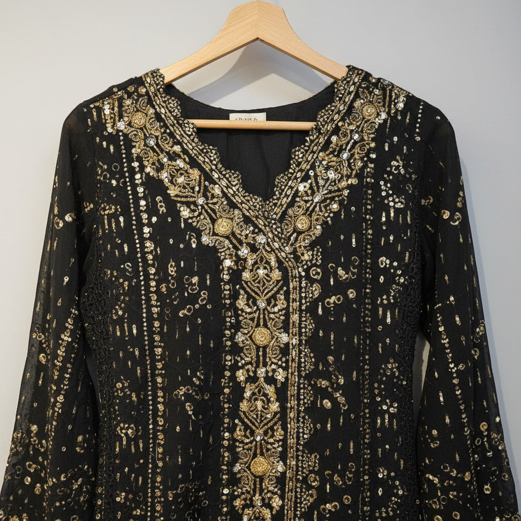 ALK Crimson Shadow | Black Beaded Dress with Red Embroidered Dupatta