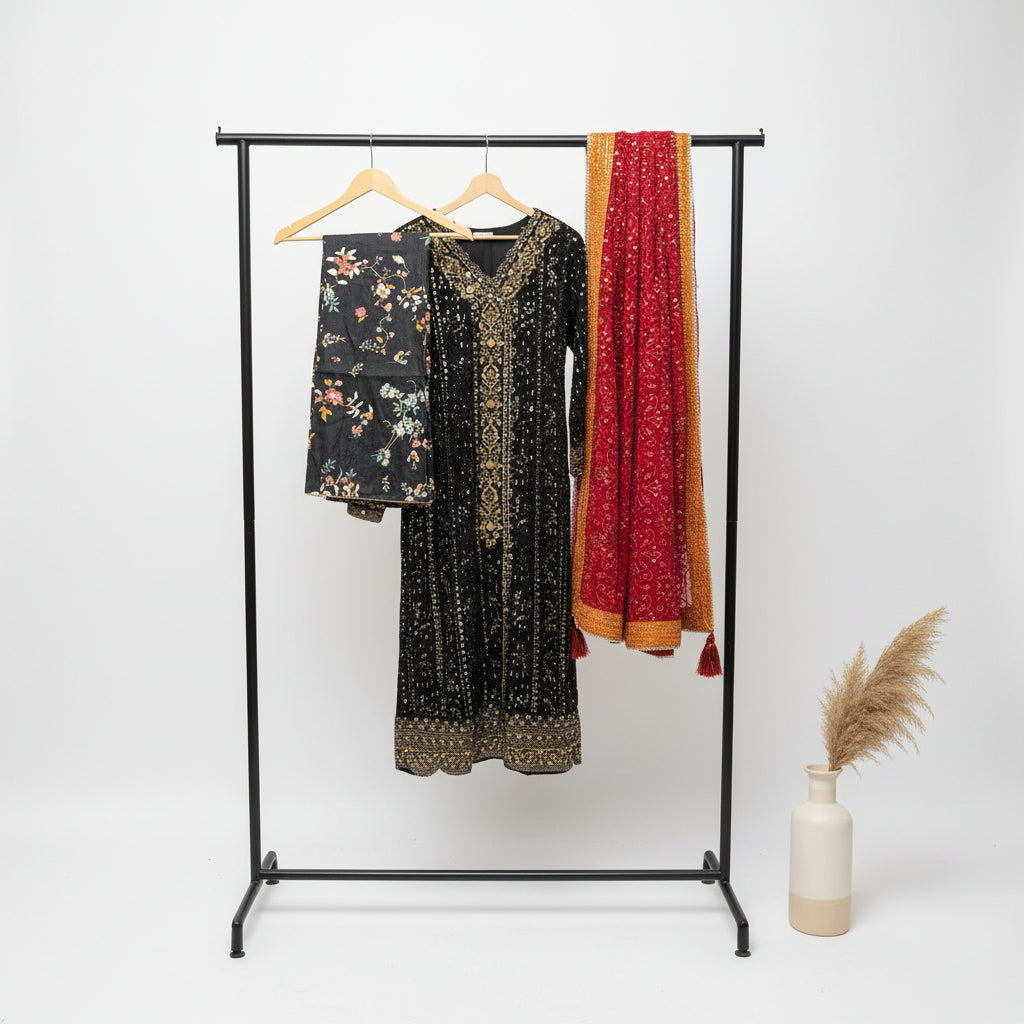 ALK Crimson Shadow | Black Beaded Dress with Red Embroidered Dupatta