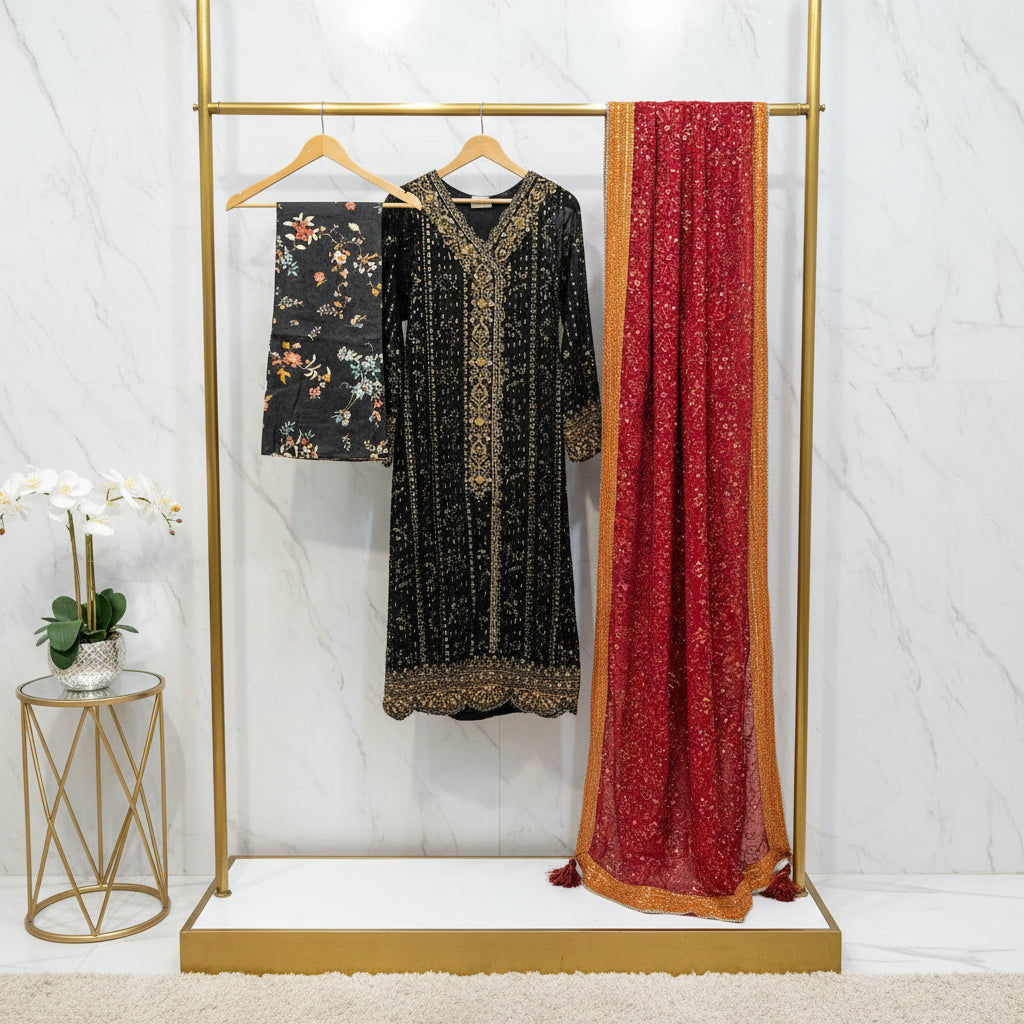 ALK Crimson Shadow | Black Beaded Dress with Red Embroidered Dupatta